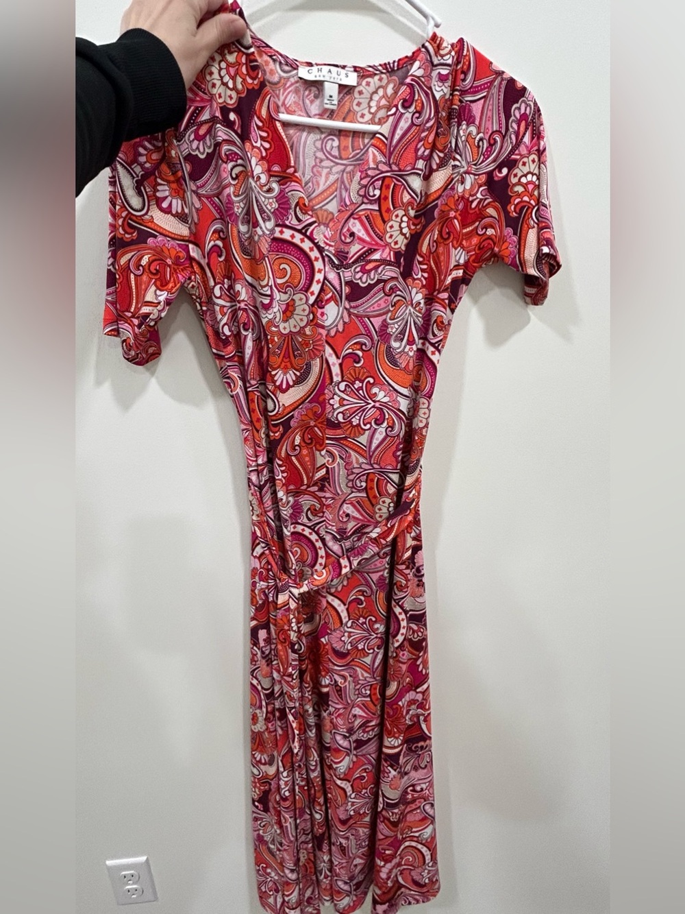 Chaus New York Paisley Wrap Dress Size M Pink Orange Boho Stretch